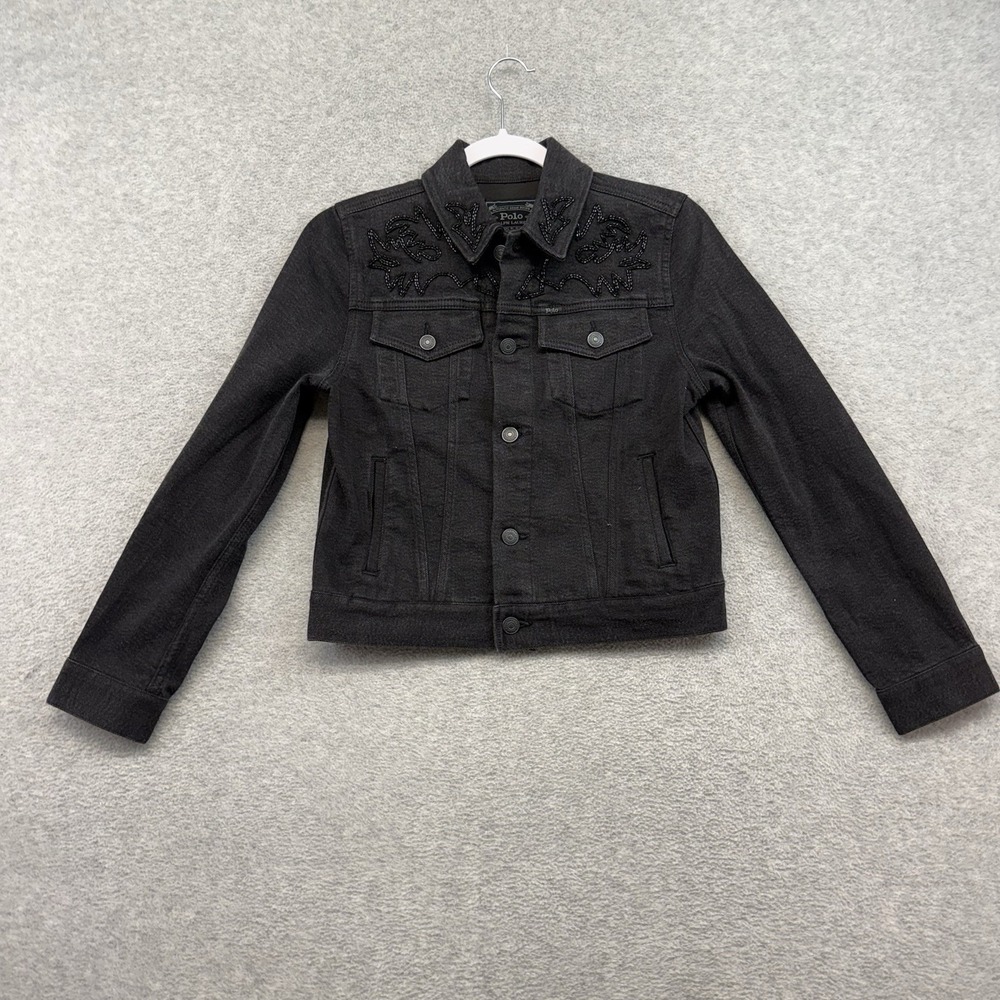 Polo Ralph Lauren Girls NEW Black Denim Trucker Jacket 12-14 Embroidered Western